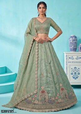 Celadon Green Silk Lehenga Choli with Handwork, Crystal Beads & Peacock Floral Embroidery