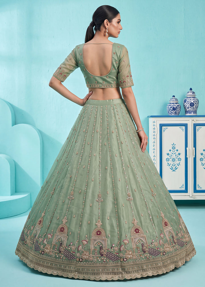 Celadon Green Silk Lehenga Choli with Handwork, Crystal Beads &amp; Peacock Floral Embroidery