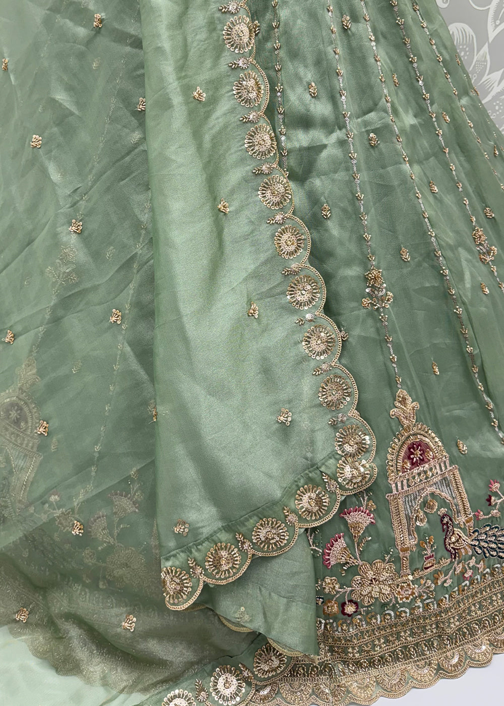 Celadon Green Silk Lehenga Choli with Handwork, Crystal Beads &amp; Peacock Floral Embroidery