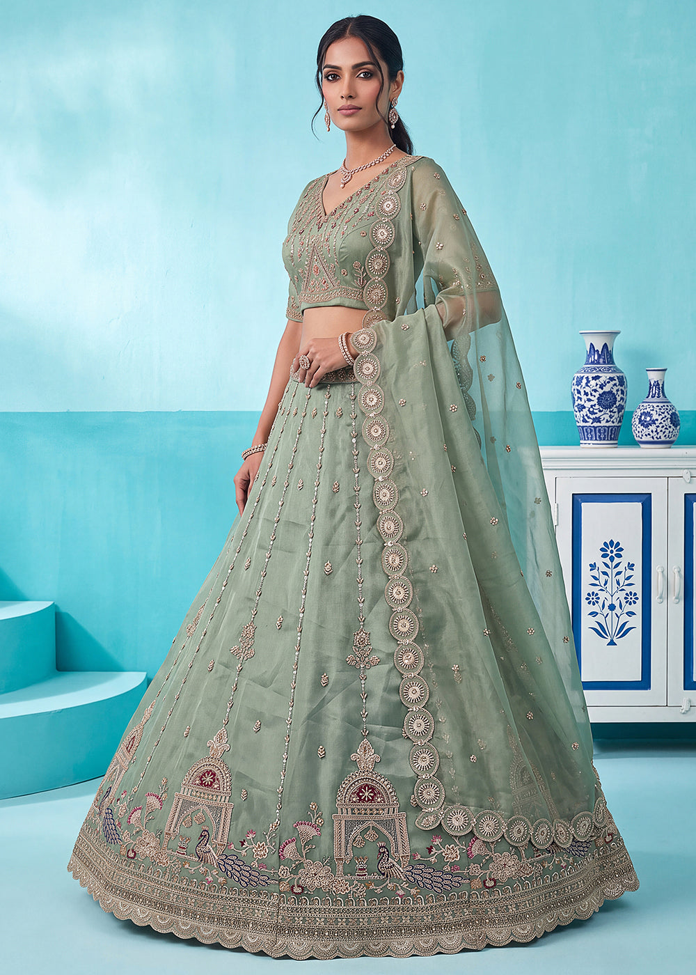Celadon Green Silk Lehenga Choli with Handwork, Crystal Beads &amp; Peacock Floral Embroidery