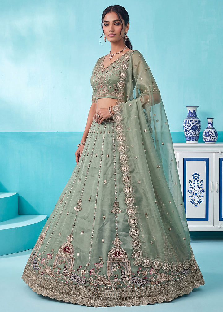 Celadon Green Silk Lehenga Choli with Handwork, Crystal Beads &amp; Peacock Floral Embroidery