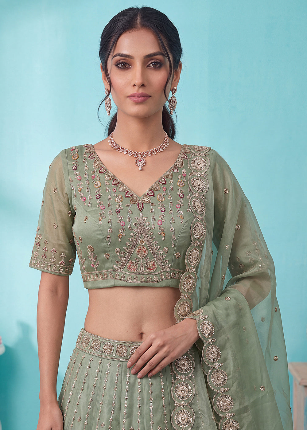 Celadon Green Silk Lehenga Choli with Handwork, Crystal Beads &amp; Peacock Floral Embroidery