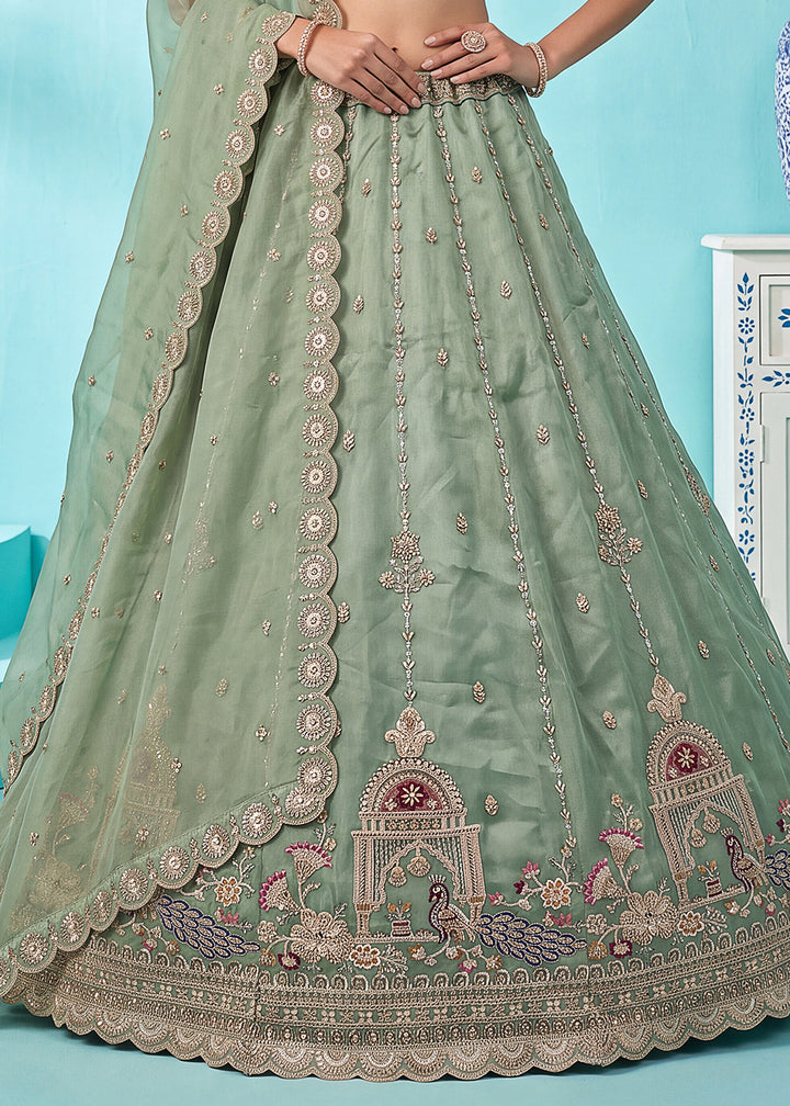 Celadon Green Silk Lehenga Choli with Handwork, Crystal Beads &amp; Peacock Floral Embroidery