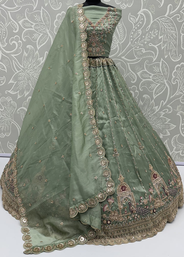 Celadon Green Silk Lehenga Choli with Handwork, Crystal Beads &amp; Peacock Floral Embroidery