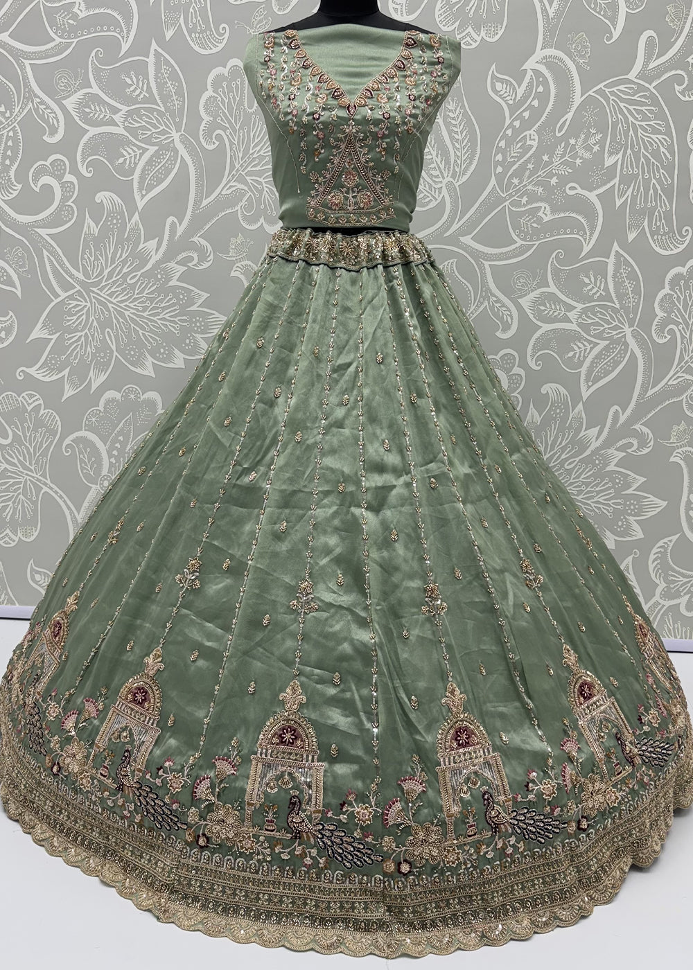 Celadon Green Silk Lehenga Choli with Handwork, Crystal Beads &amp; Peacock Floral Embroidery