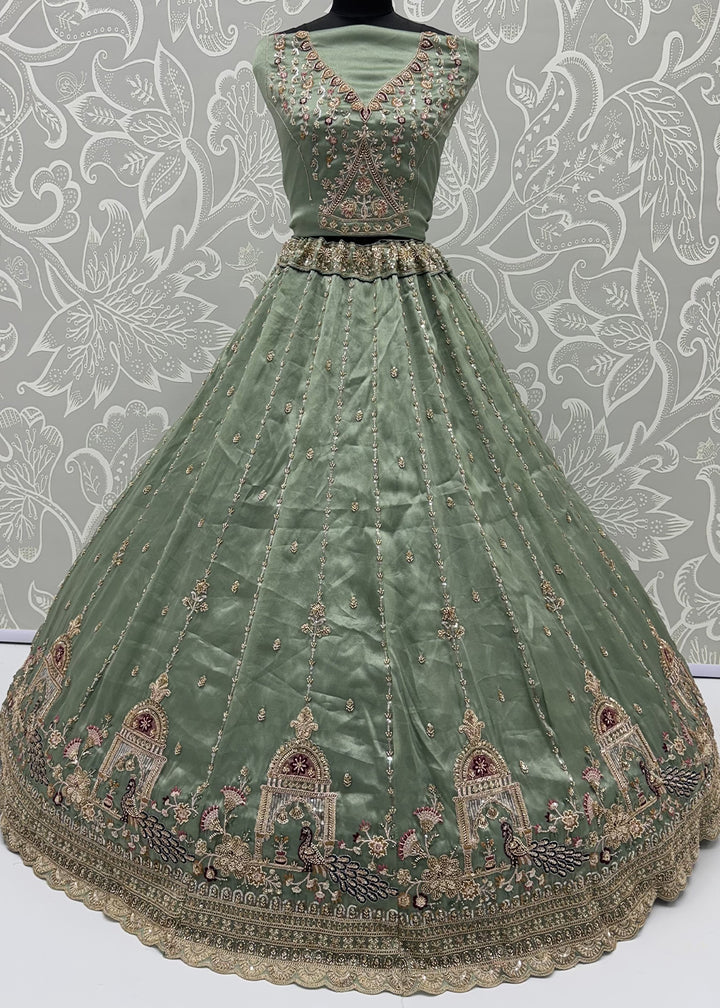 Celadon Green Silk Lehenga Choli with Handwork, Crystal Beads &amp; Peacock Floral Embroidery