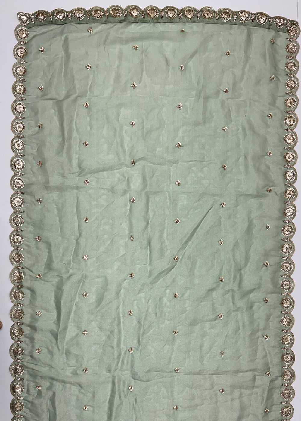 Celadon Green Silk Lehenga Choli with Handwork, Crystal Beads &amp; Peacock Floral Embroidery
