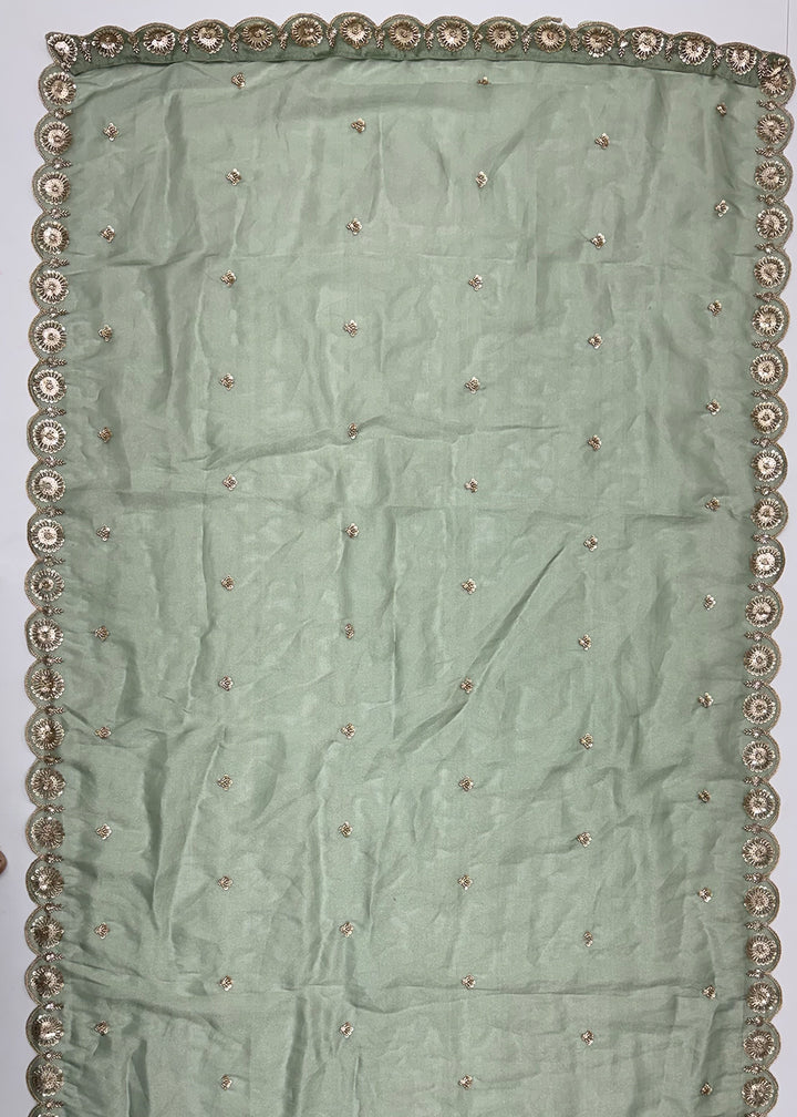Celadon Green Silk Lehenga Choli with Handwork, Crystal Beads &amp; Peacock Floral Embroidery