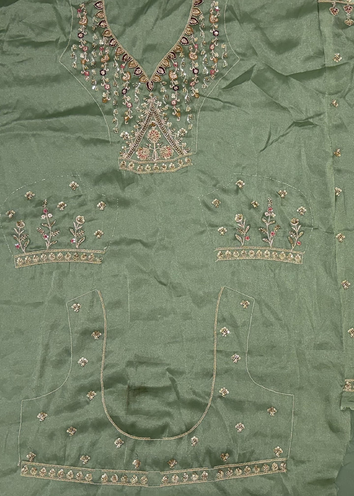 Celadon Green Silk Lehenga Choli with Handwork, Crystal Beads &amp; Peacock Floral Embroidery