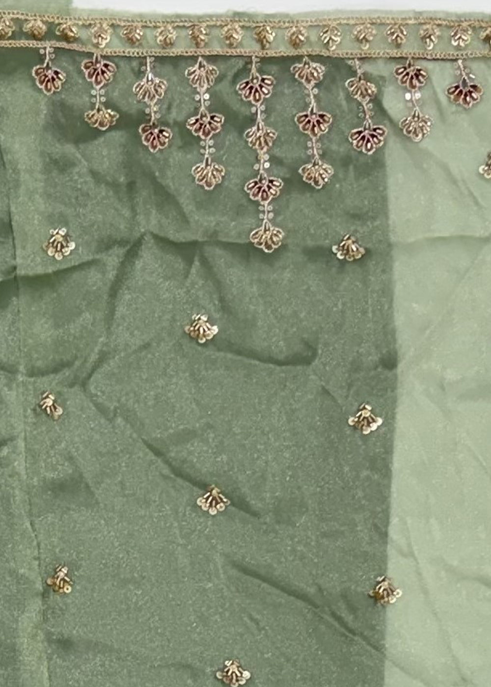 Celadon Green Silk Lehenga Choli with Handwork, Crystal Beads &amp; Peacock Floral Embroidery
