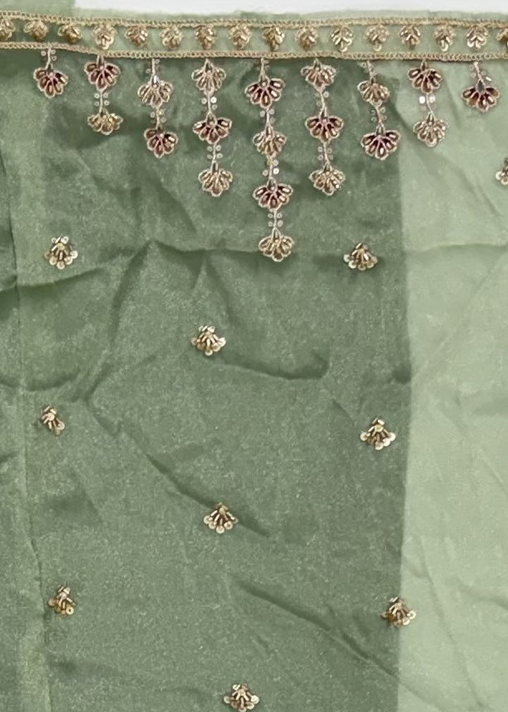 Celadon Green Silk Lehenga Choli with Handwork, Crystal Beads &amp; Peacock Floral Embroidery
