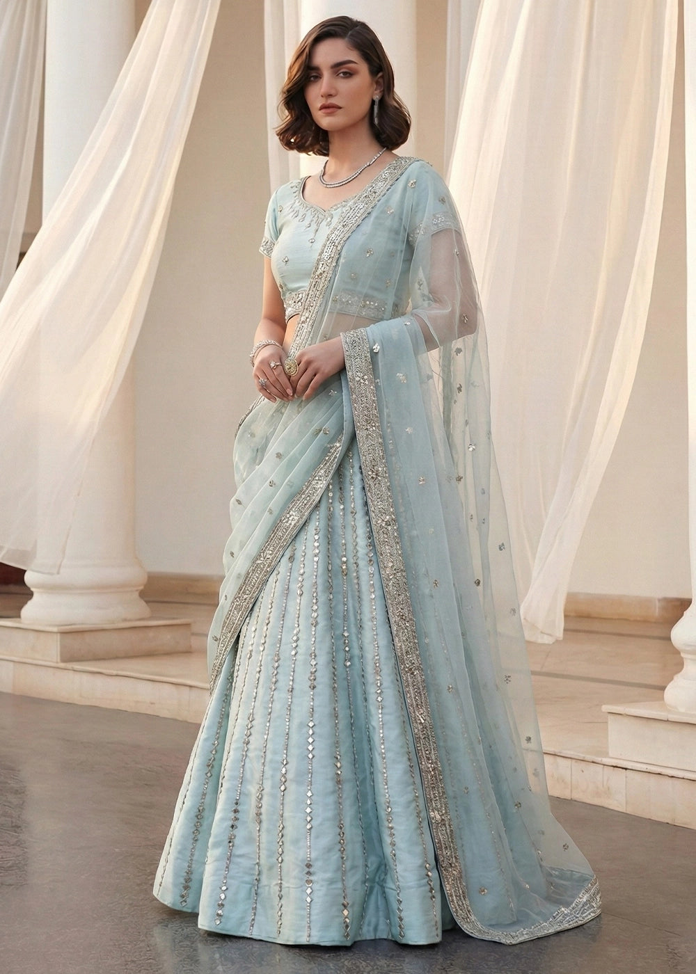 Baby Blue Heavy Embroidered Silk Lehenga Choli with Zari & Sequin Work