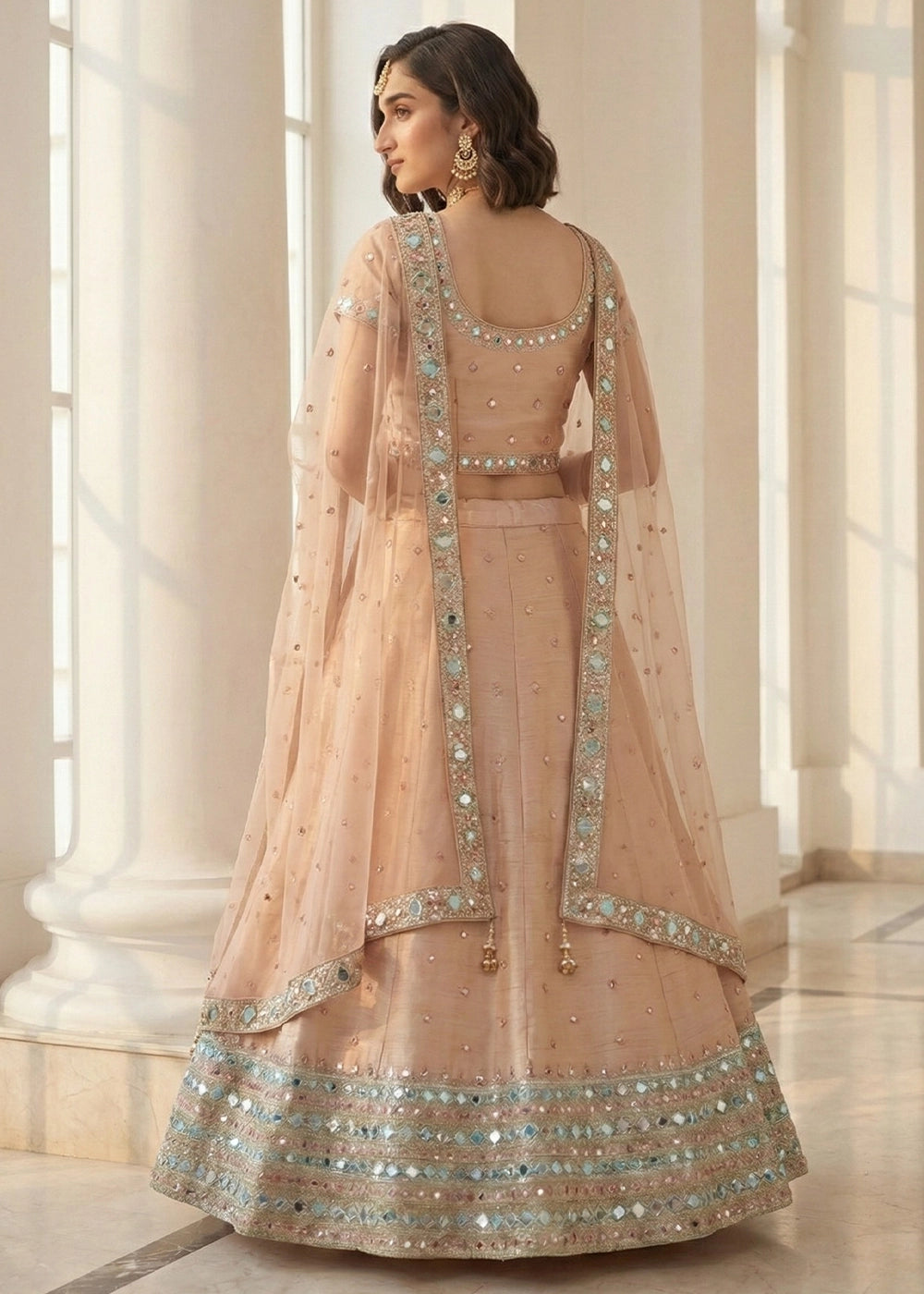 Peach Pink Heavy Embroidered Silk Lehenga Choli with Zari & Sequin Work