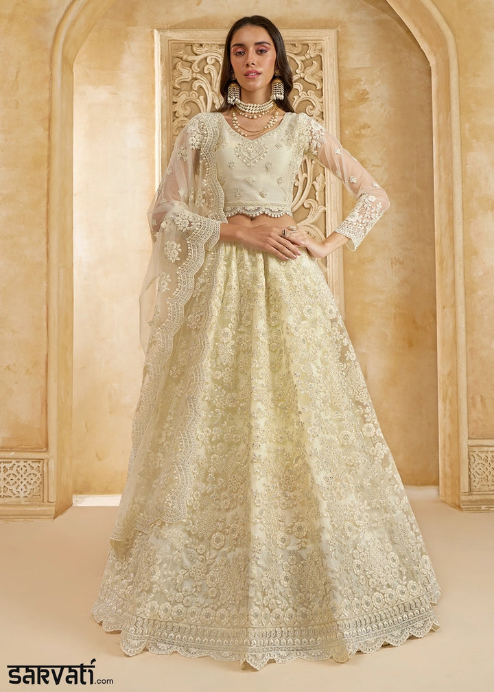 Cream White Net Lehenga Choli with Handcrafted Cording, Thread, and Stone Work