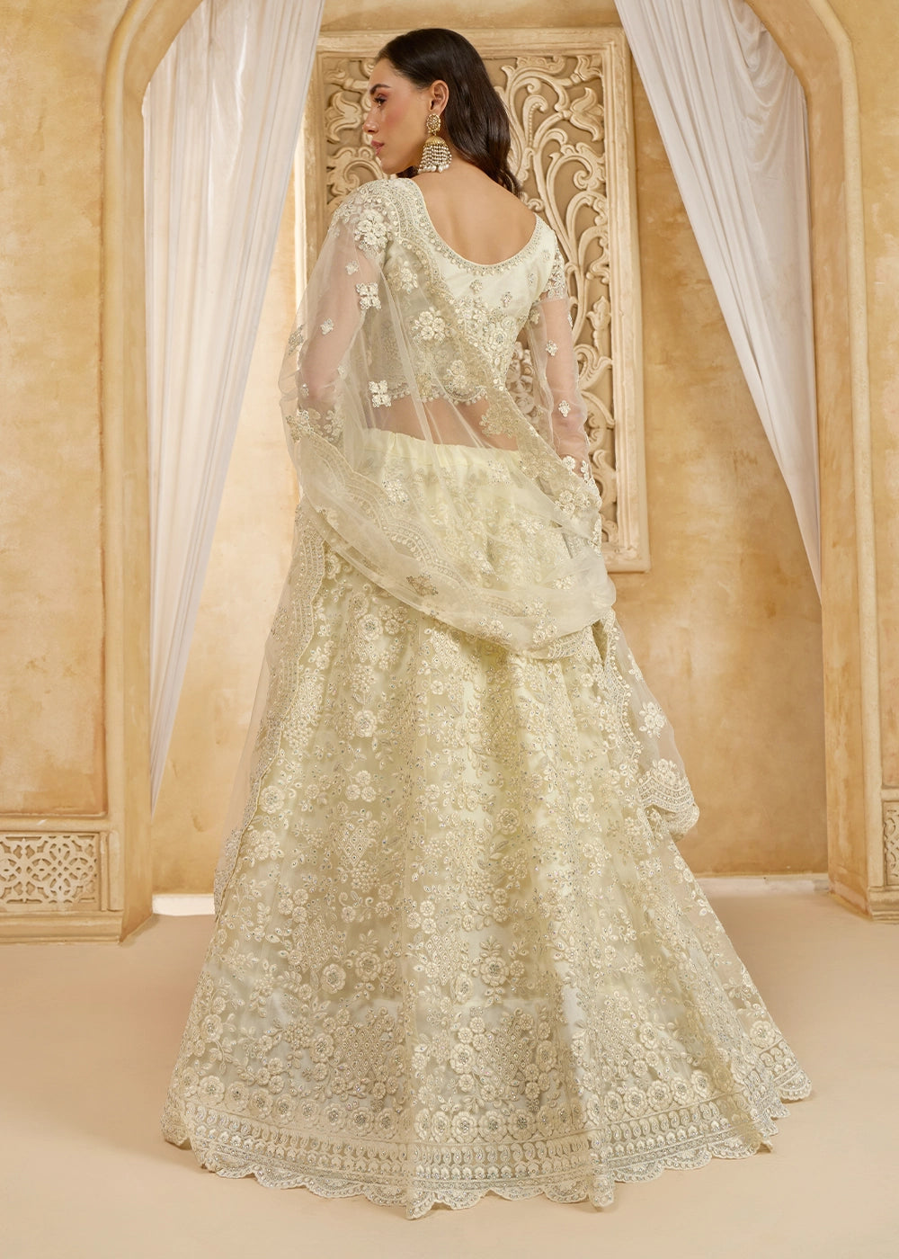 Cream White Net Lehenga Choli with Handcrafted Cording, Thread, and Stone Work