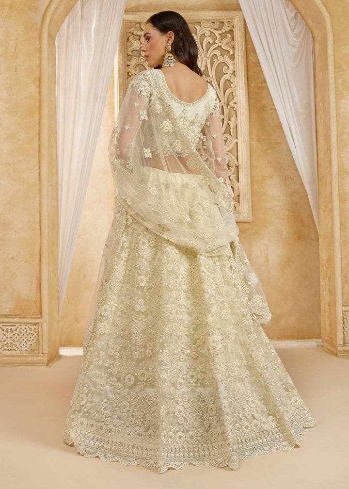 Cream White Net Lehenga Choli with Handcrafted Cording, Thread, and Stone Work