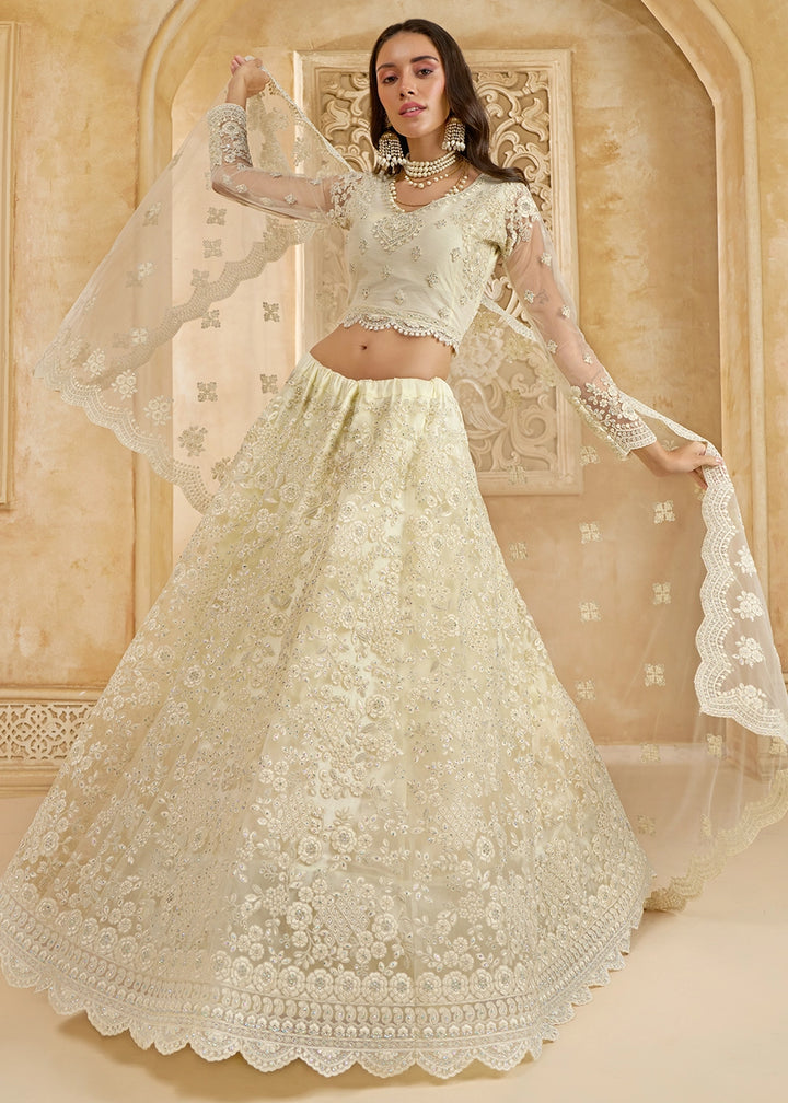 Cream White Net Lehenga Choli with Handcrafted Cording, Thread, and Stone Work