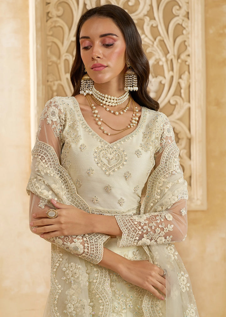 Cream White Net Lehenga Choli with Handcrafted Cording, Thread, and Stone Work