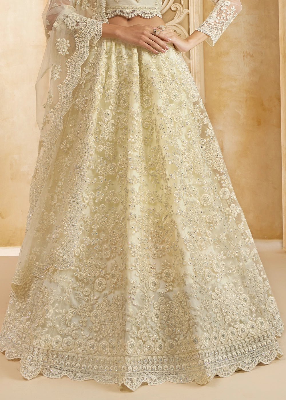 Cream White Net Lehenga Choli with Handcrafted Cording, Thread, and Stone Work