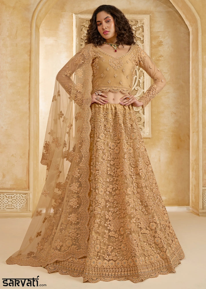 Light Brown Net Lehenga Choli with Handcrafted Cording, Thread, and Stone Work