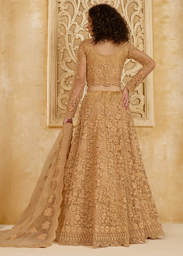 Light Brown Net Lehenga Choli with Handcrafted Cording, Thread, and Stone Work