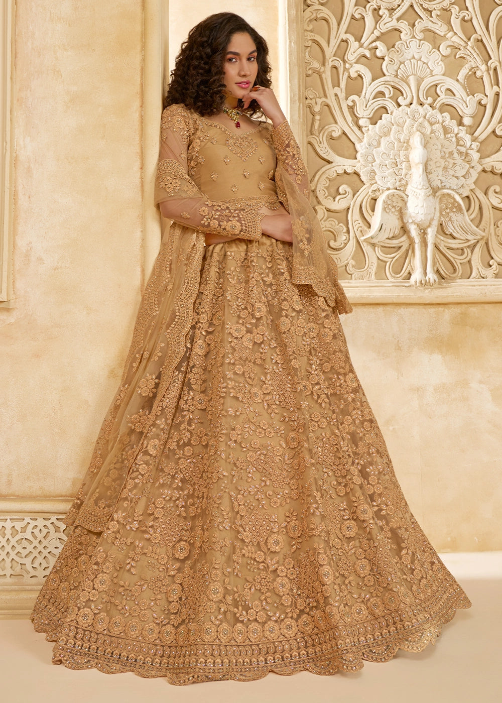 Light Brown Net Lehenga Choli with Handcrafted Cording, Thread, and Stone Work