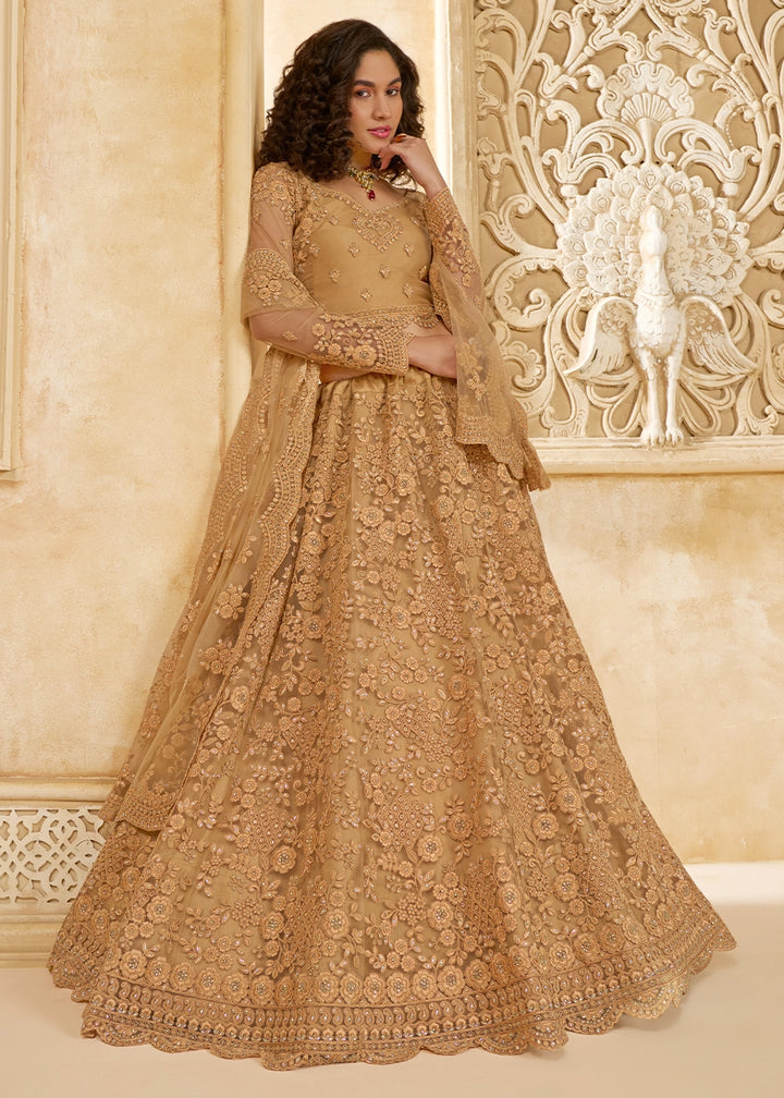 Light Brown Net Lehenga Choli with Handcrafted Cording, Thread, and Stone Work