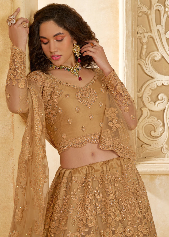 Light Brown Net Lehenga Choli with Handcrafted Cording, Thread, and Stone Work