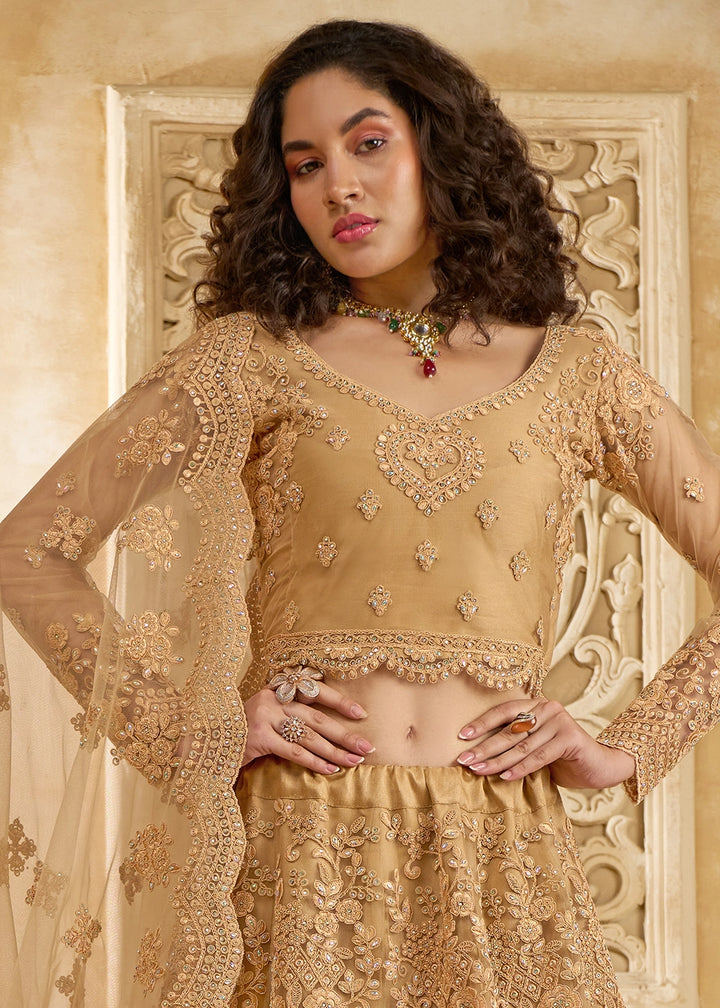 Light Brown Net Lehenga Choli with Handcrafted Cording, Thread, and Stone Work