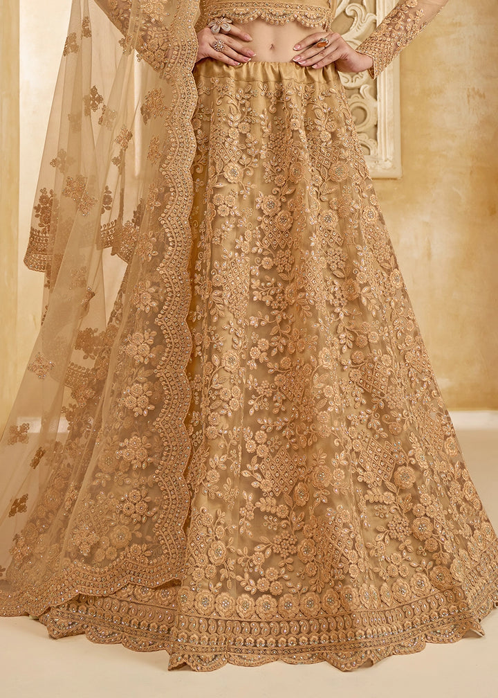 Light Brown Net Lehenga Choli with Handcrafted Cording, Thread, and Stone Work