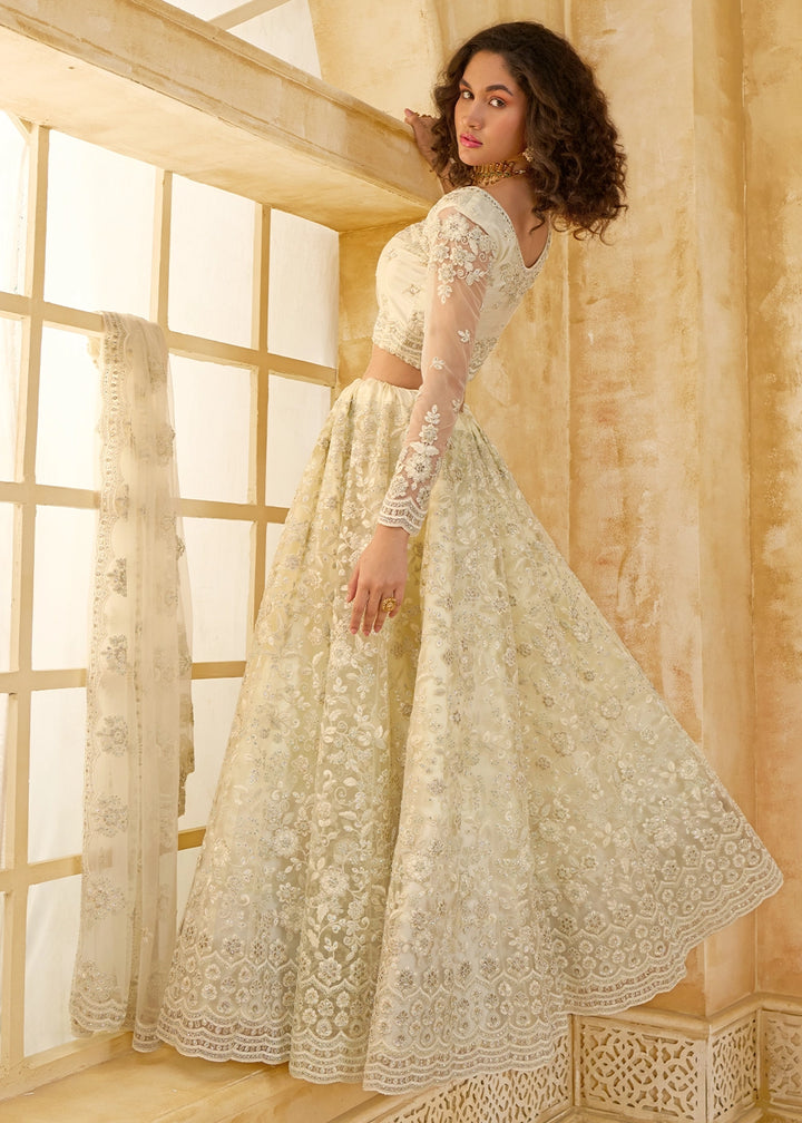 Pearl White Net Lehenga Choli with Handcrafted Cording, Thread, and Stone Work
