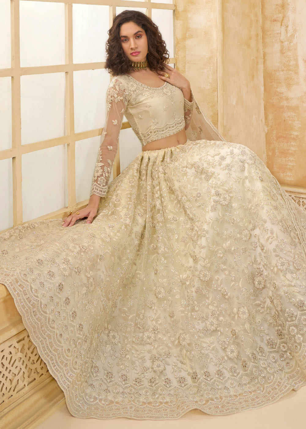 Pearl White Net Lehenga Choli with Handcrafted Cording, Thread, and Stone Work