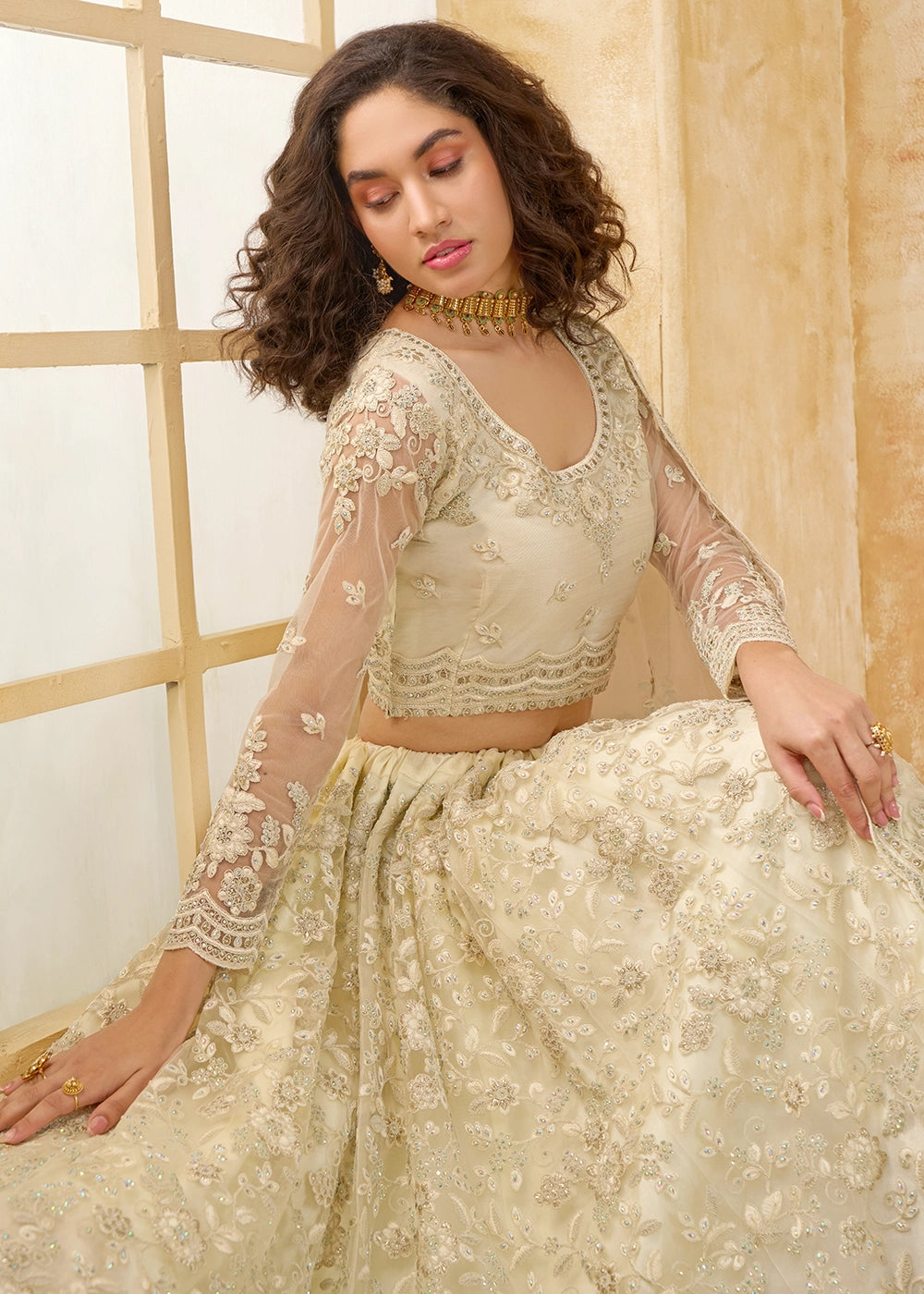 Pearl White Net Lehenga Choli with Handcrafted Cording, Thread, and Stone Work