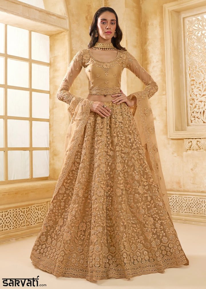 Peru Brown Net Lehenga Choli with Handcrafted Cording, Thread, and Stone Work