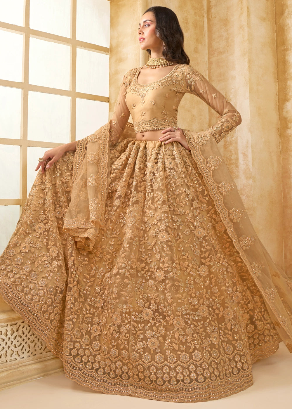 Peru Brown Net Lehenga Choli with Handcrafted Cording, Thread, and Stone Work