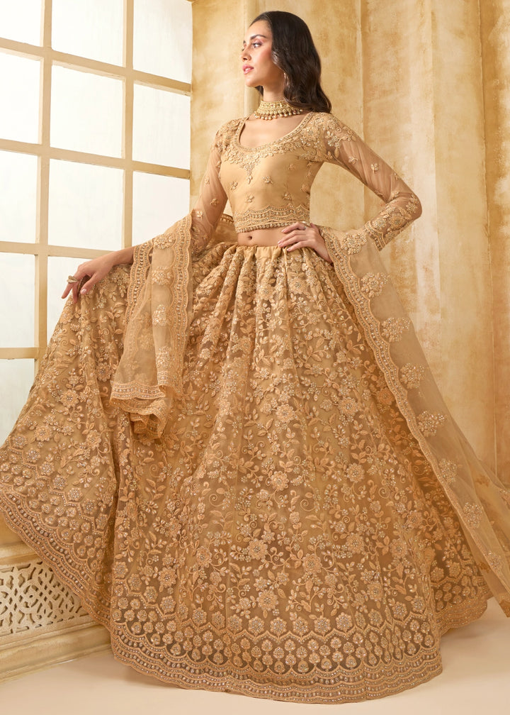 Peru Brown Net Lehenga Choli with Handcrafted Cording, Thread, and Stone Work