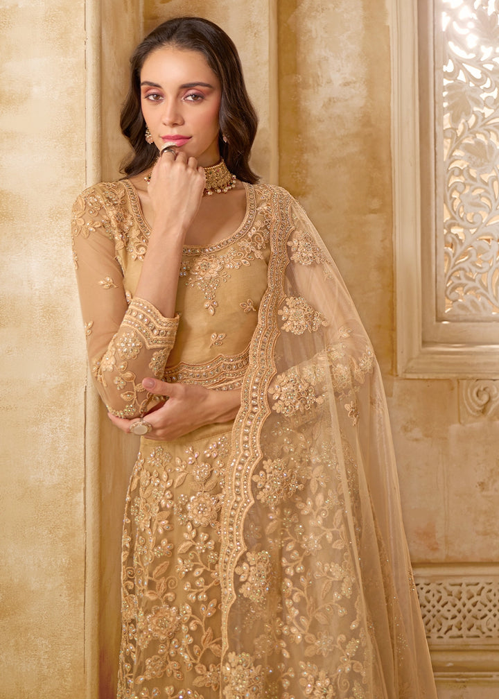 Peru Brown Net Lehenga Choli with Handcrafted Cording, Thread, and Stone Work