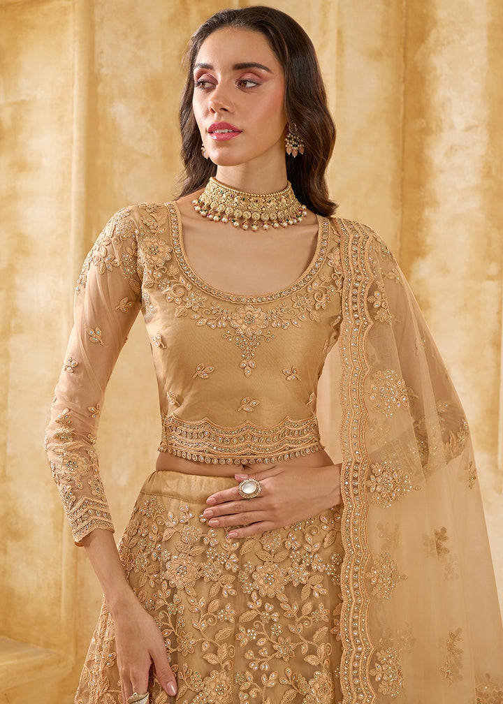 Peru Brown Net Lehenga Choli with Handcrafted Cording, Thread, and Stone Work