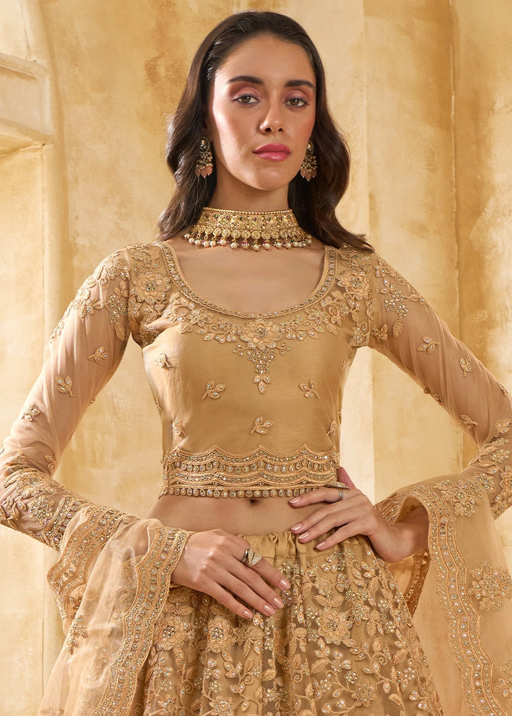 Peru Brown Net Lehenga Choli with Handcrafted Cording, Thread, and Stone Work