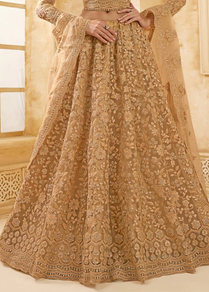 Peru Brown Net Lehenga Choli with Handcrafted Cording, Thread, and Stone Work