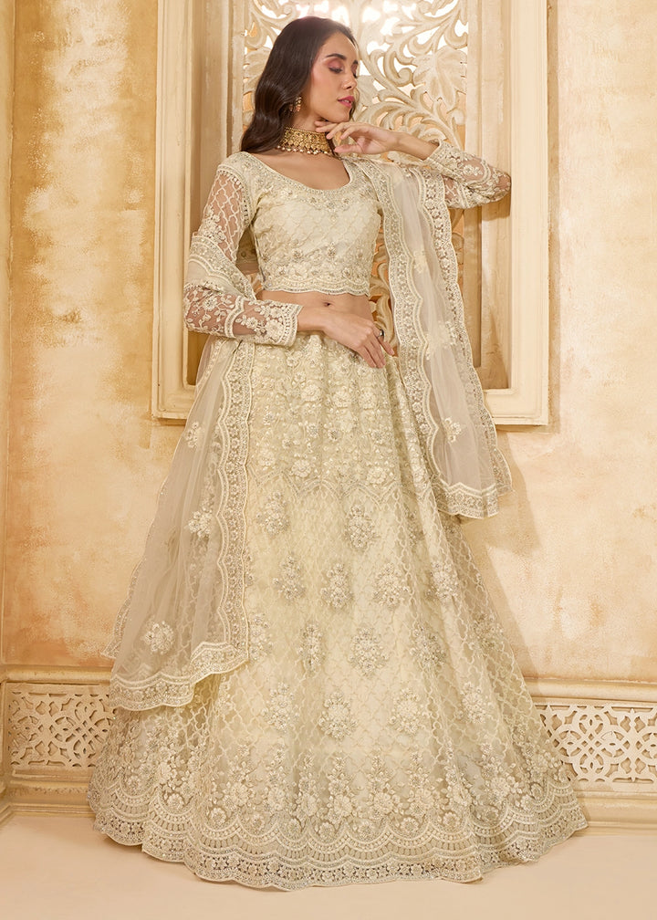 Parchment White Net Lehenga Choli with Handcrafted Cording, Thread, and Stone Work