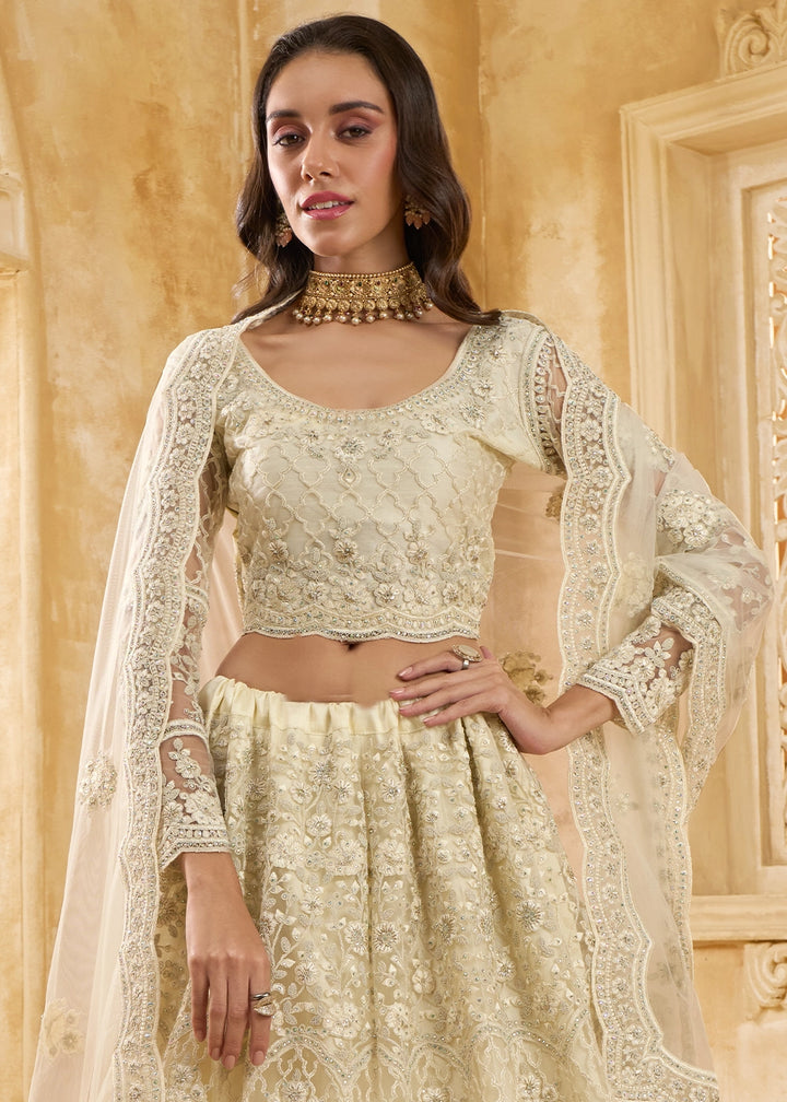 Parchment White Net Lehenga Choli with Handcrafted Cording, Thread, and Stone Work