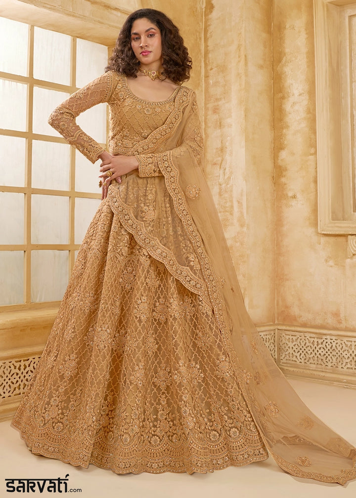 Cider Brown Net Lehenga Choli with Handcrafted Cording, Thread, and Stone Work