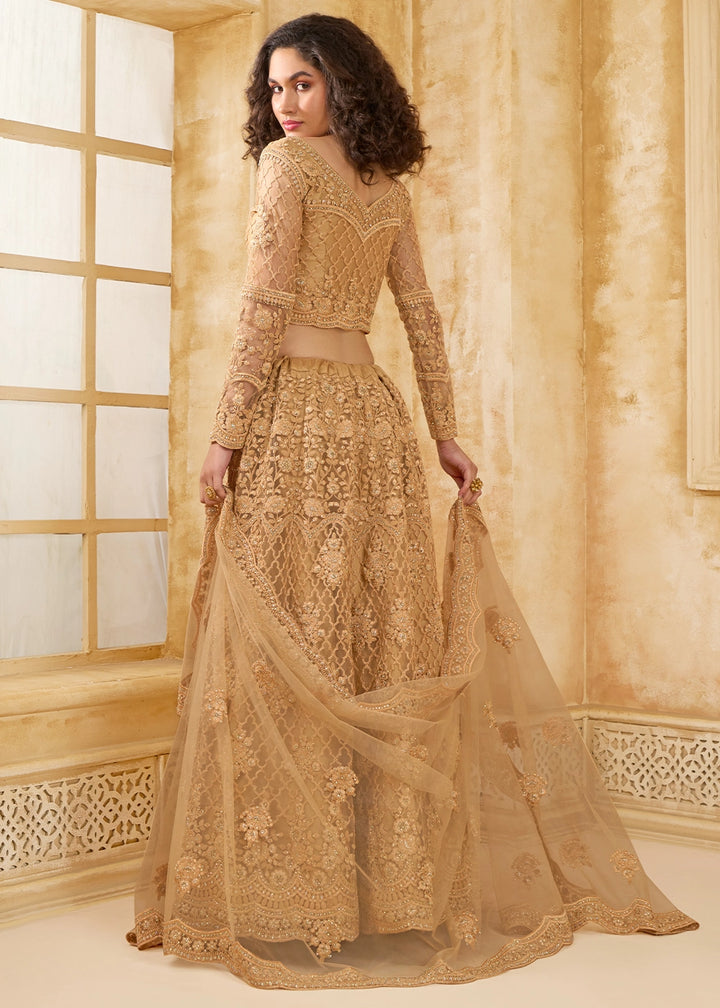 Cider Brown Net Lehenga Choli with Handcrafted Cording, Thread, and Stone Work
