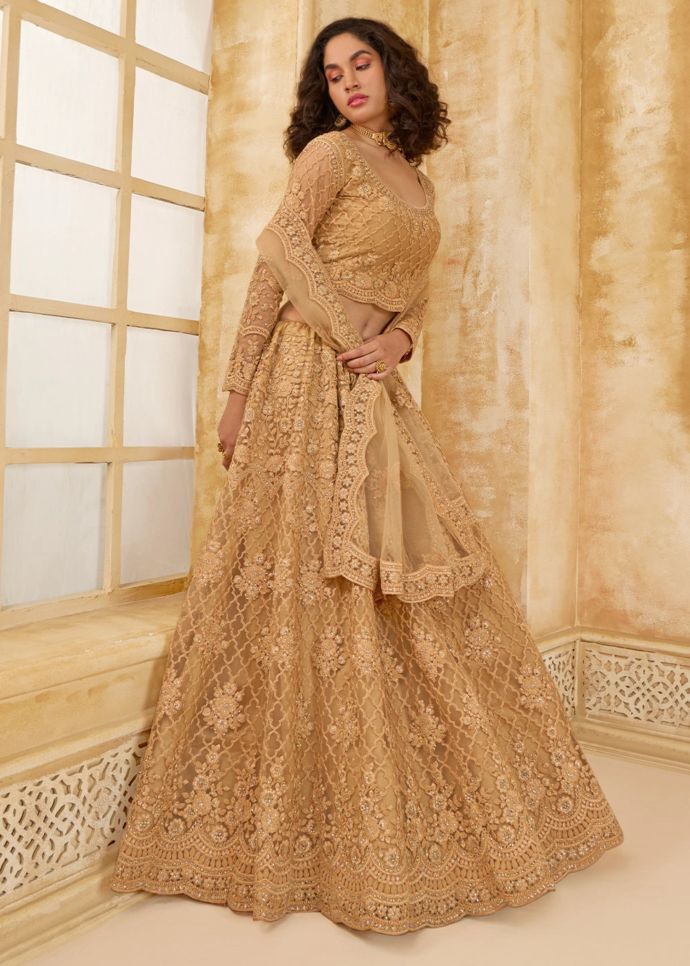 Cider Brown Net Lehenga Choli with Handcrafted Cording, Thread, and Stone Work