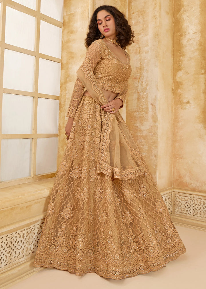 Cider Brown Net Lehenga Choli with Handcrafted Cording, Thread, and Stone Work
