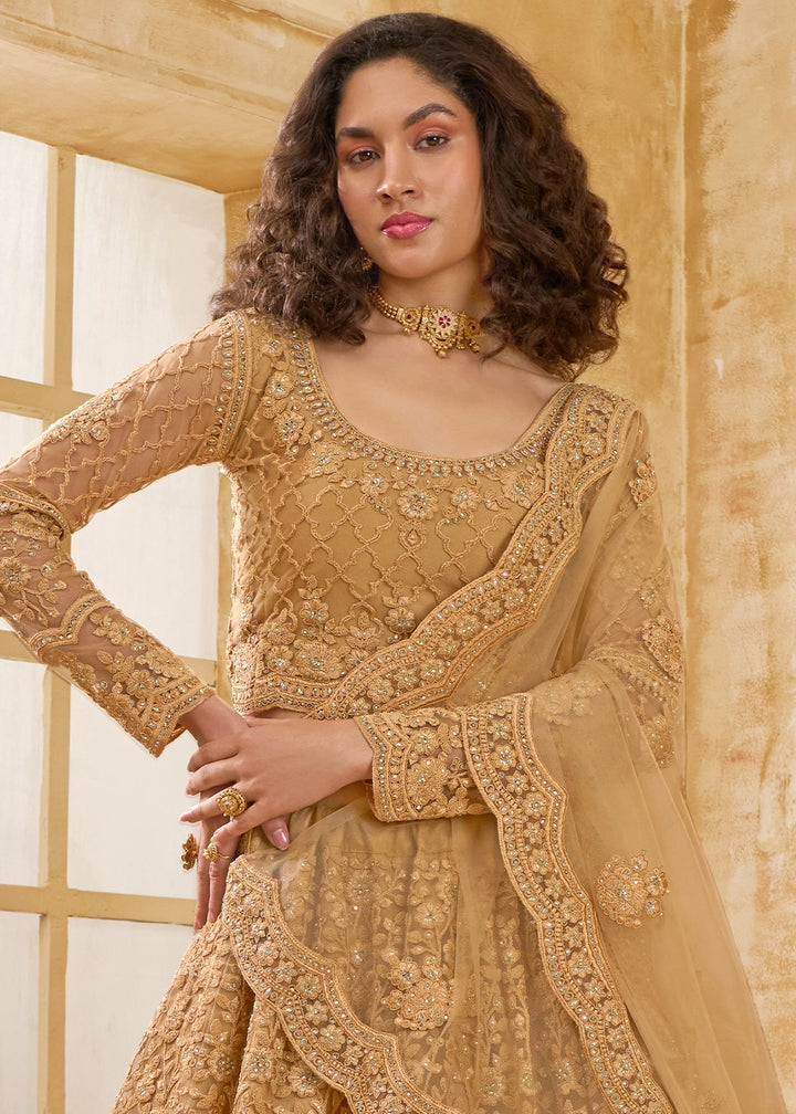 Cider Brown Net Lehenga Choli with Handcrafted Cording, Thread, and Stone Work