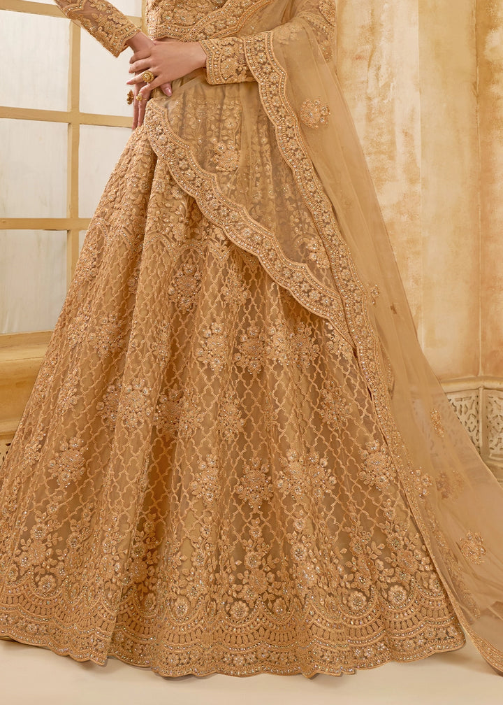 Cider Brown Net Lehenga Choli with Handcrafted Cording, Thread, and Stone Work