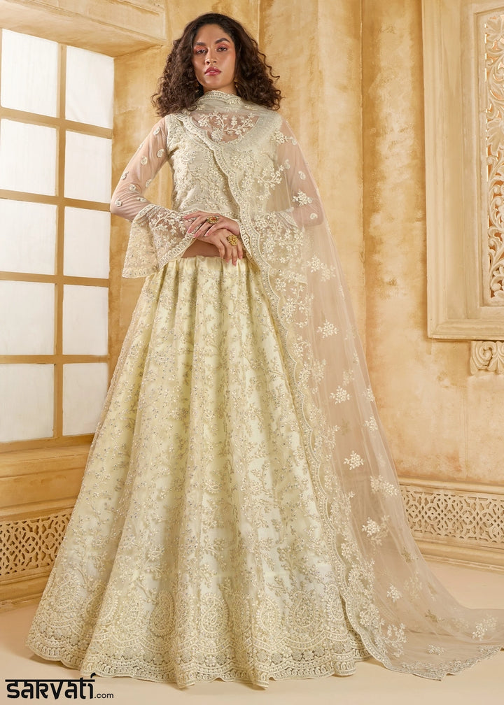 Rice White Net Lehenga Choli with Handcrafted Cording, Thread, and Stone Work