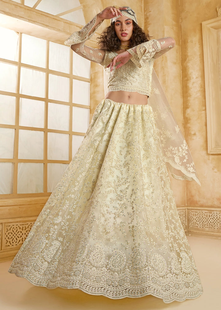 Rice White Net Lehenga Choli with Handcrafted Cording, Thread, and Stone Work